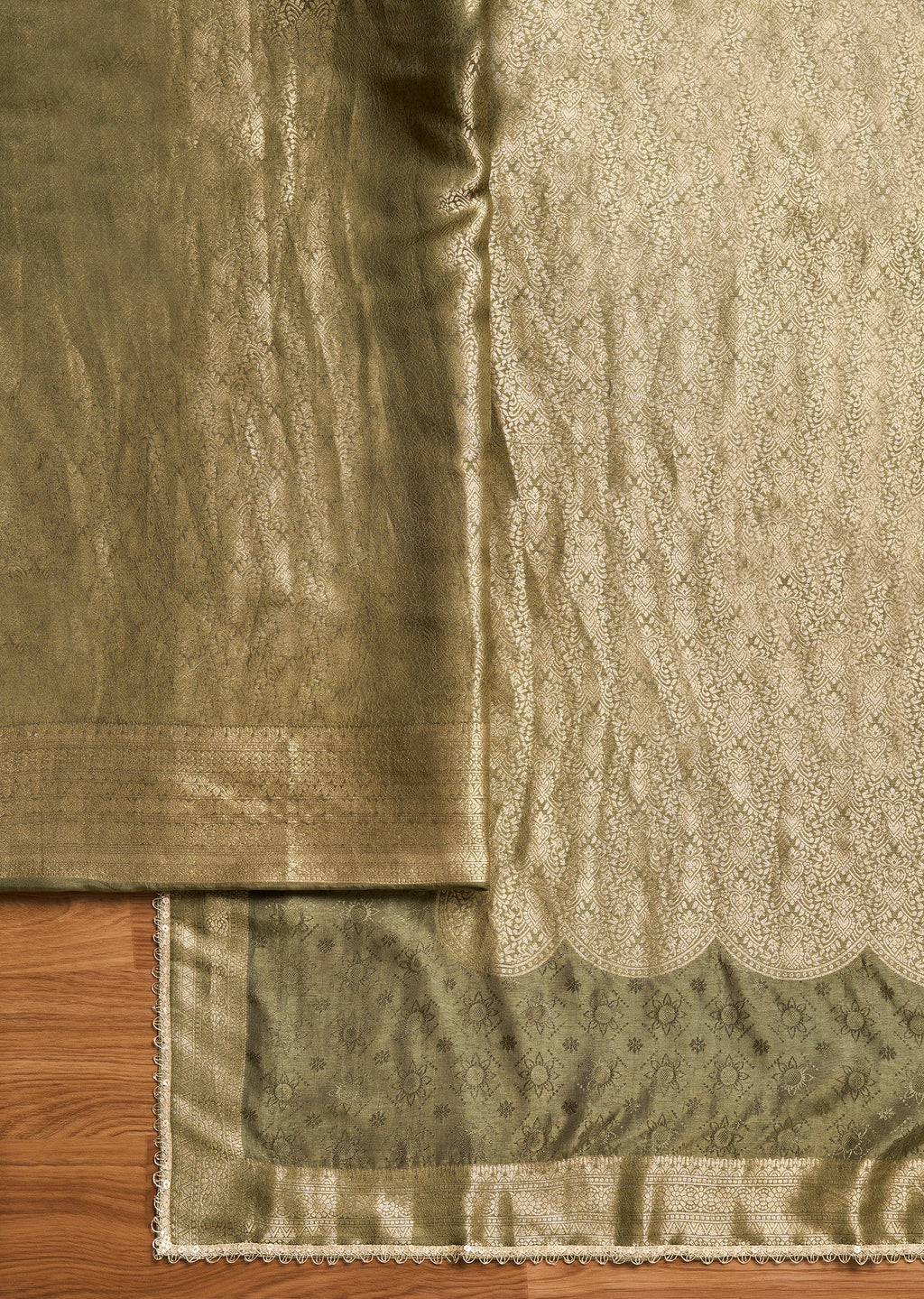 Mehendi Green Tissue Unstitched Suit With Dupatta