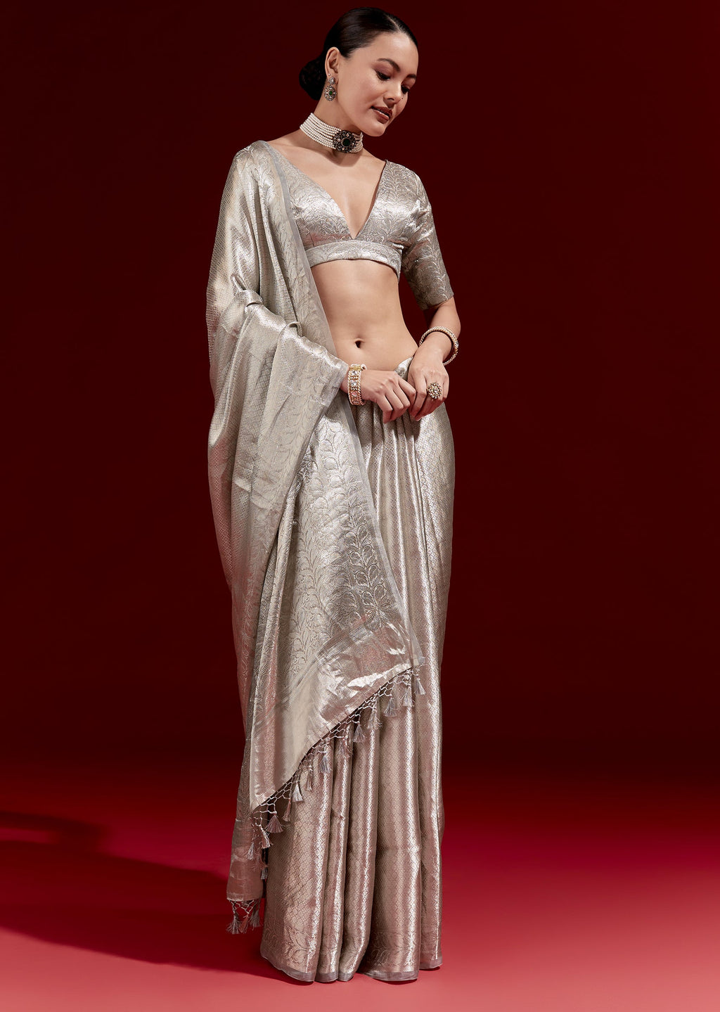 Metallic Silver Grey Banarasi Tissue Saree With Micro Geometric Weave And Floral Woven Border