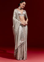 Metallic Silver Grey Banarasi Tissue Saree With Micro Geometric Weave And Floral Woven Border