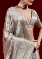Metallic Silver Grey Banarasi Tissue Saree With Micro Geometric Weave And Floral Woven Border