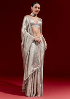 Metallic Silver Grey Banarasi Tissue Saree With Micro Geometric Weave And Floral Woven Border