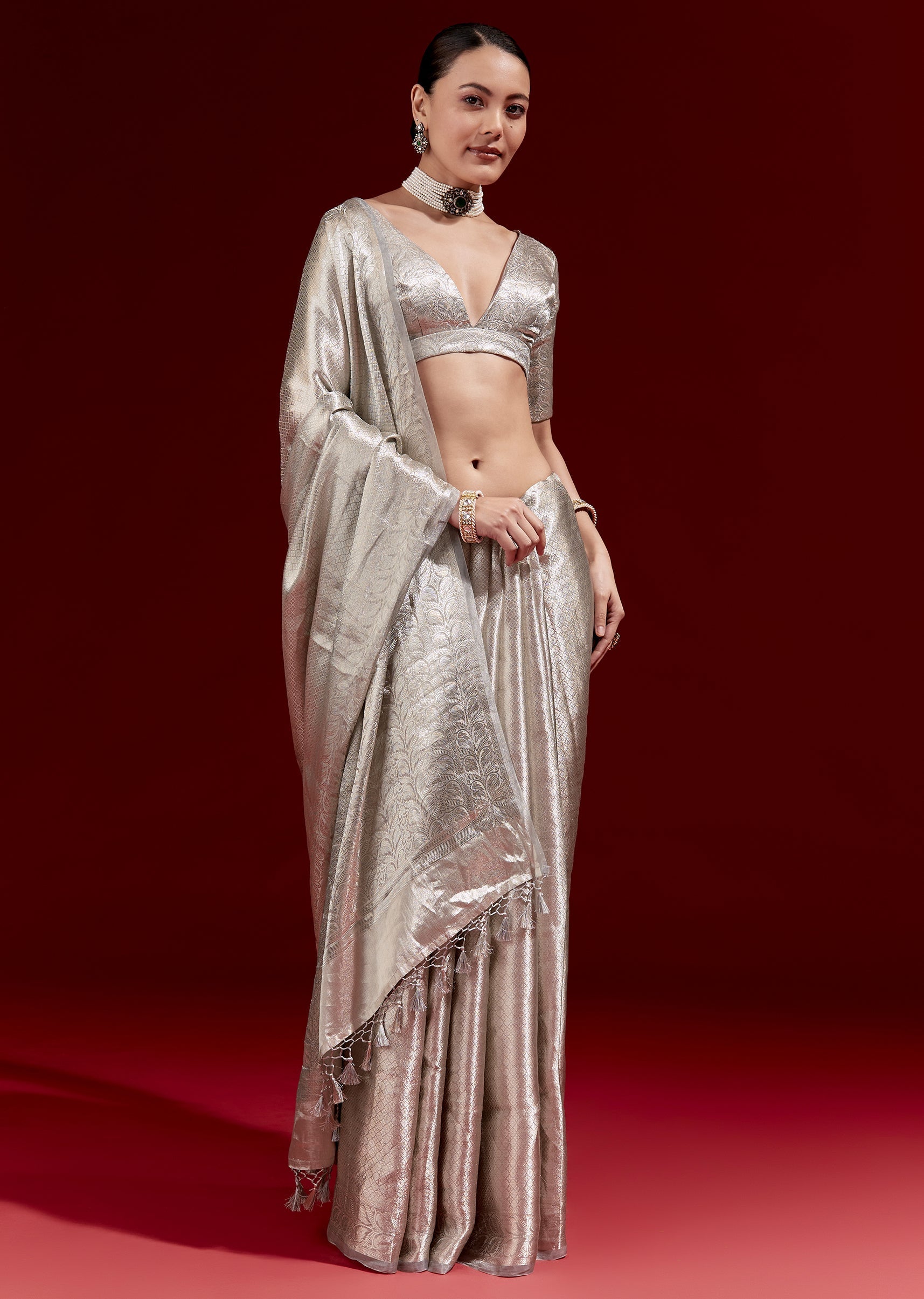 Metallic Silver Grey Banarasi Tissue Saree With Micro Geometric Weave And Floral Woven Border