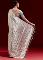 Metallic Silver Grey Banarasi Tissue Saree With Micro Geometric Weave And Floral Woven Border