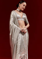 Metallic Silver Grey Banarasi Tissue Saree With Micro Geometric Weave And Floral Woven Border