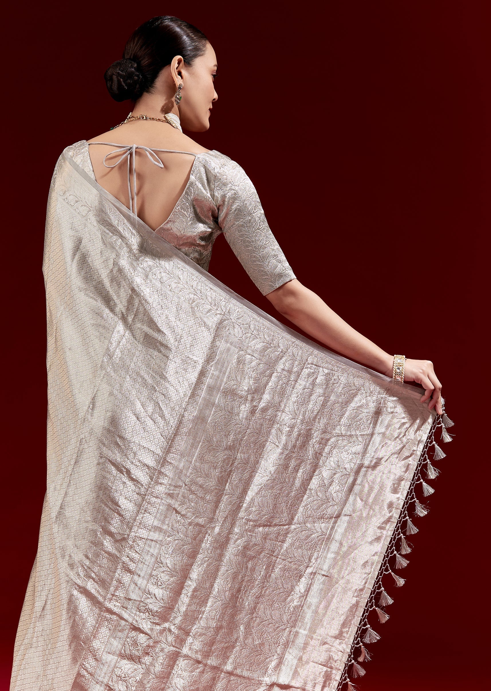 Metallic Silver Grey Banarasi Tissue Saree With Micro Geometric Weave And Floral Woven Border