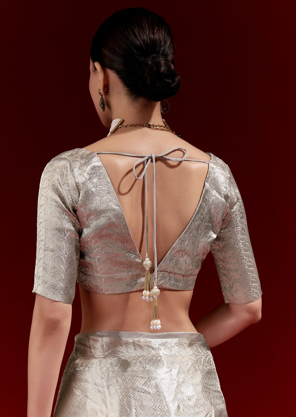 Metallic Silver Grey Banarasi Tissue Saree With Micro Geometric Weave And Floral Woven Border
