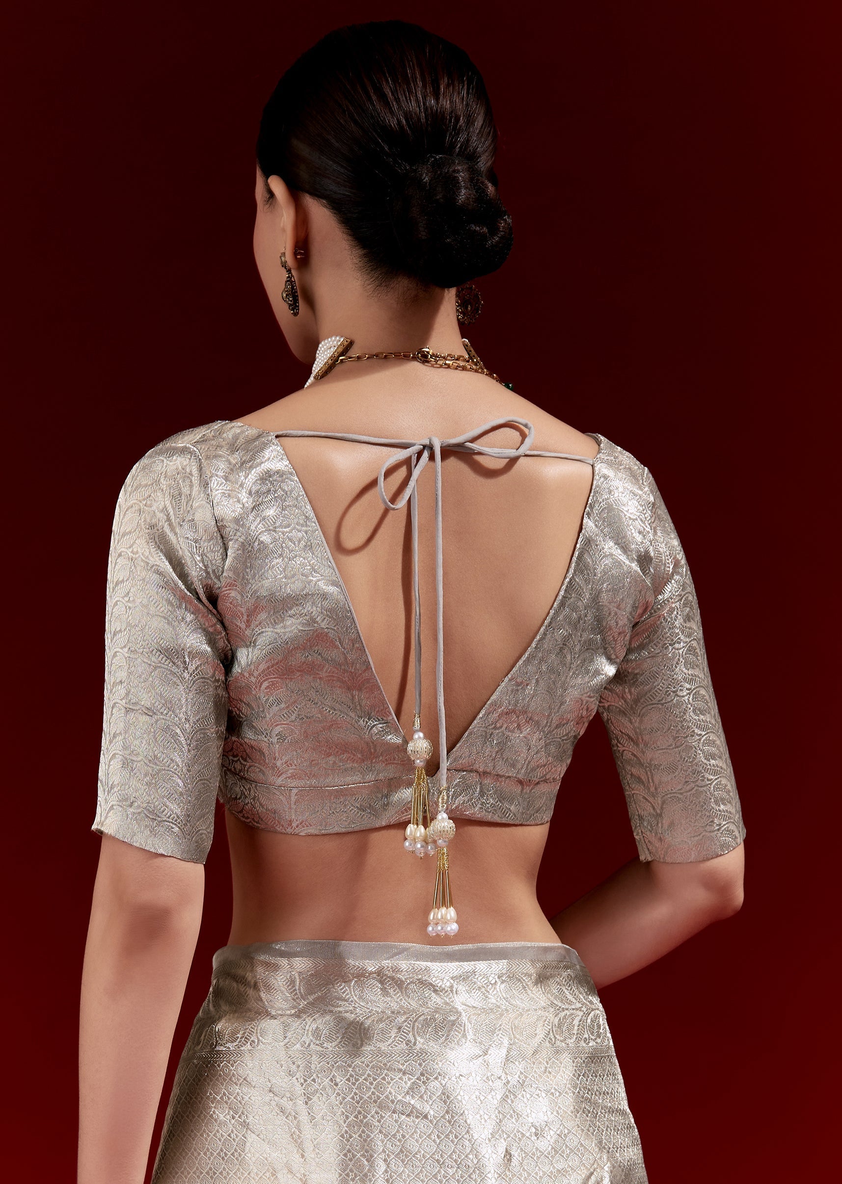 Metallic Silver Grey Banarasi Tissue Saree With Micro Geometric Weave And Floral Woven Border