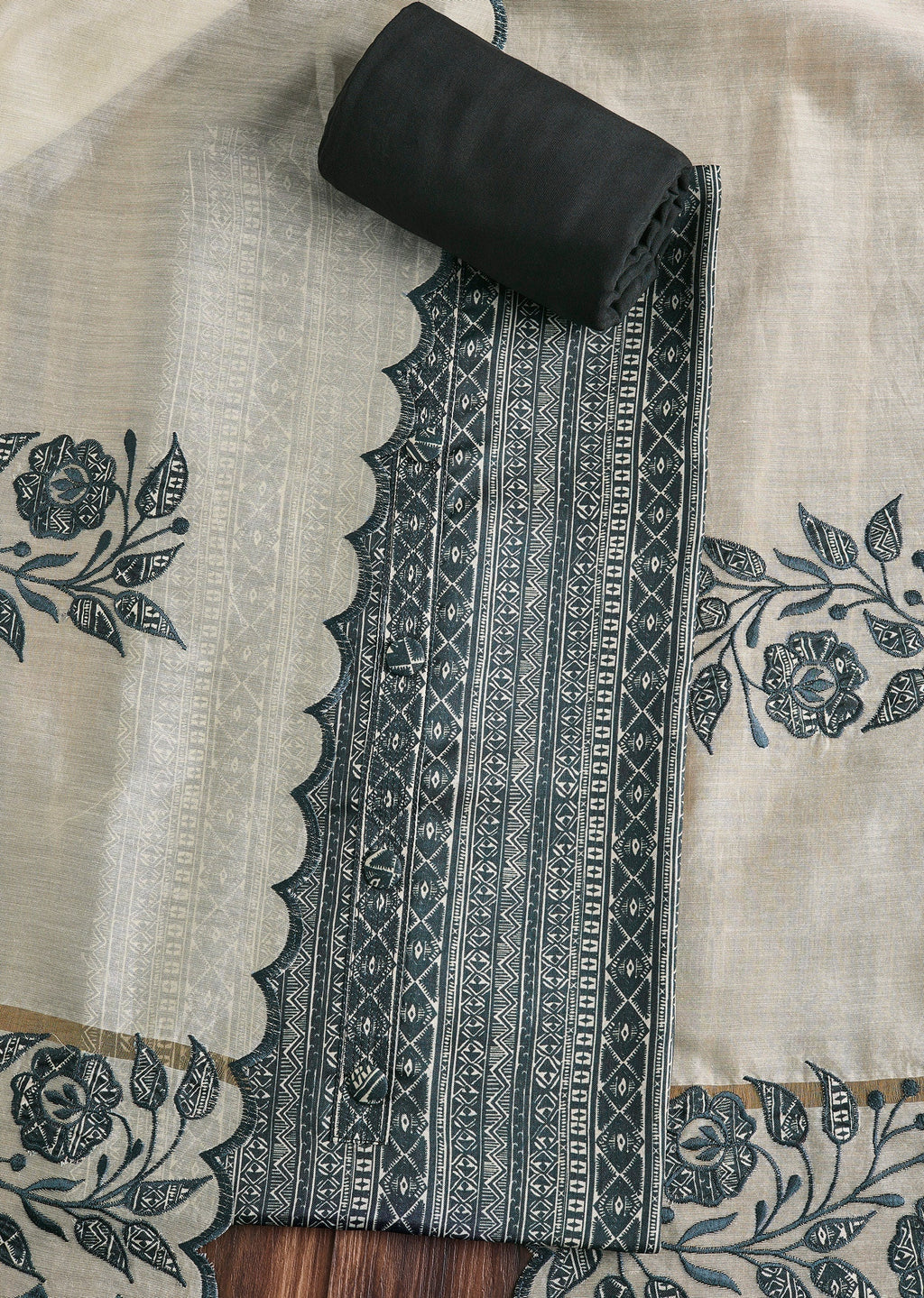 Midnight Black Cotton Printed Unstitched Suit Set