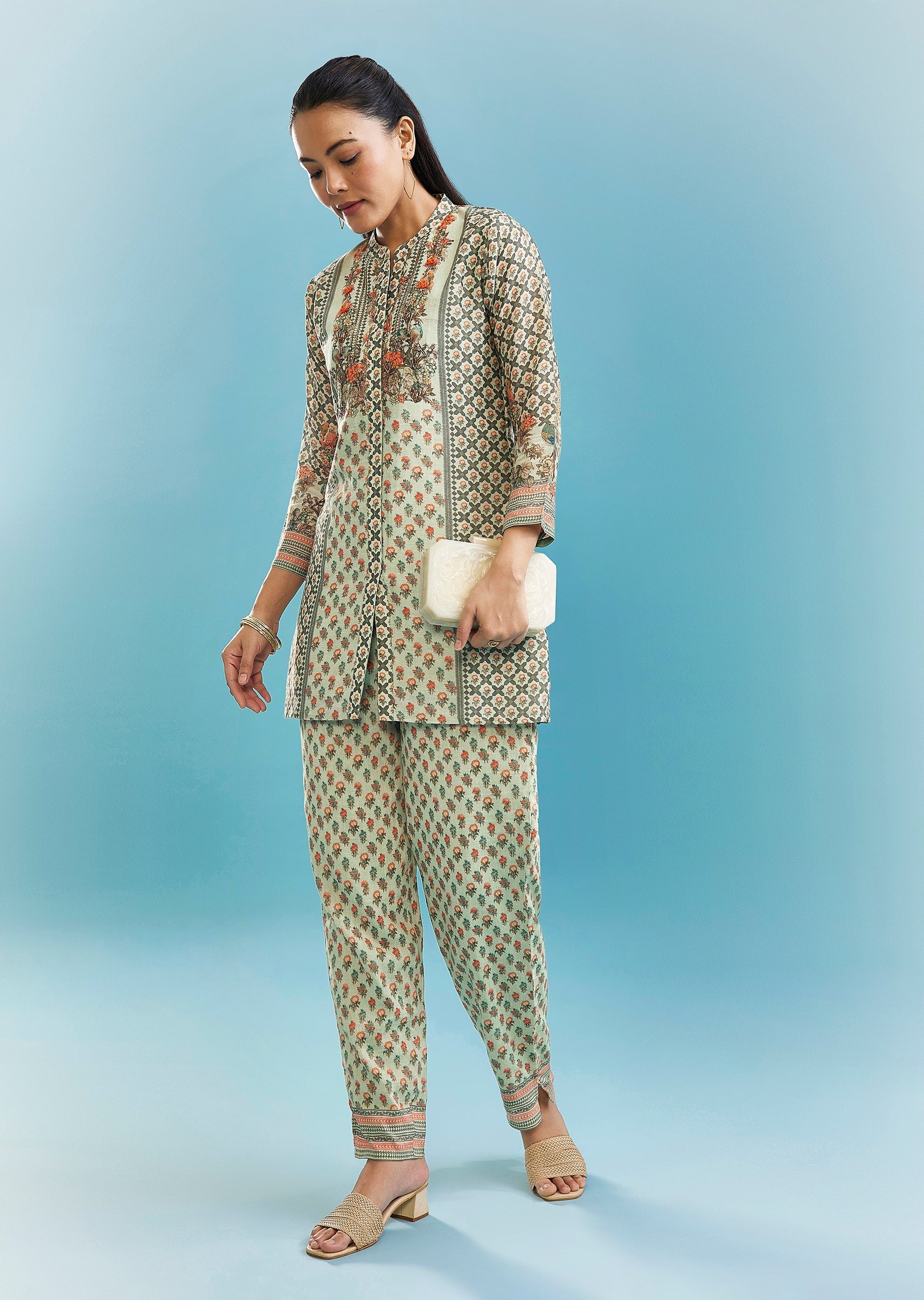 Mint Green Floral Co-ord Set With Cut Dana And Sequins Work