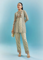 Mint Green Floral Co-ord Set With Cut Dana And Sequins Work