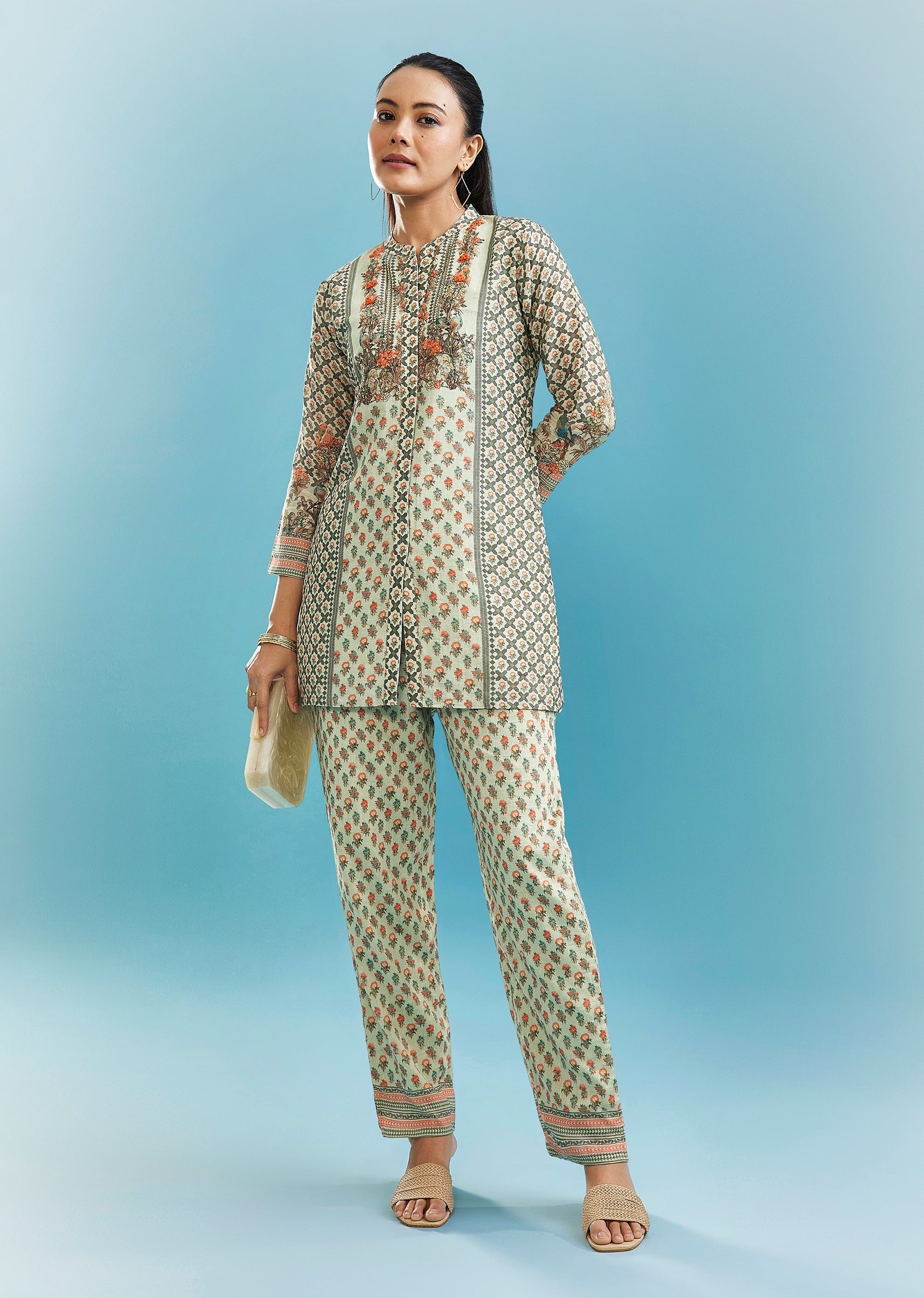 Mint Green Floral Co-ord Set With Cut Dana And Sequins Work