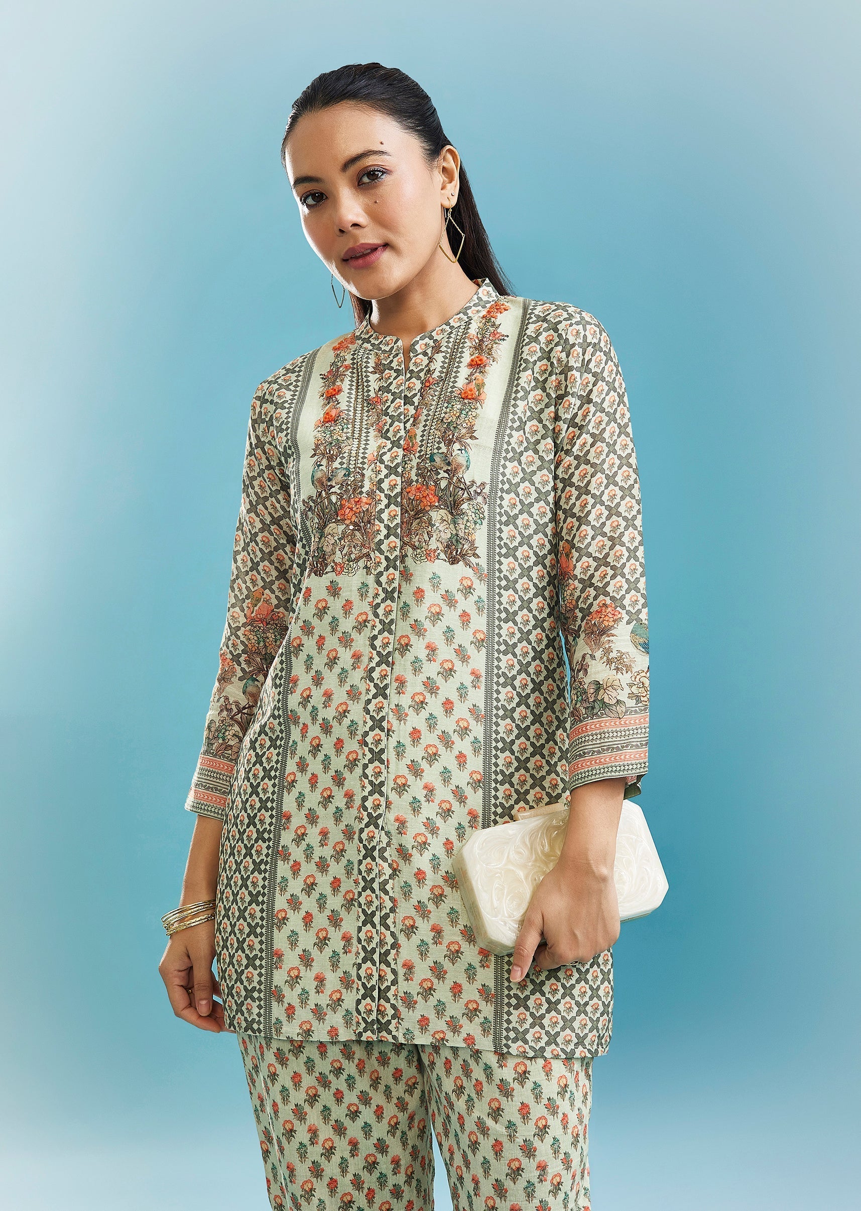 Mint Green Floral Co-ord Set With Cut Dana And Sequins Work