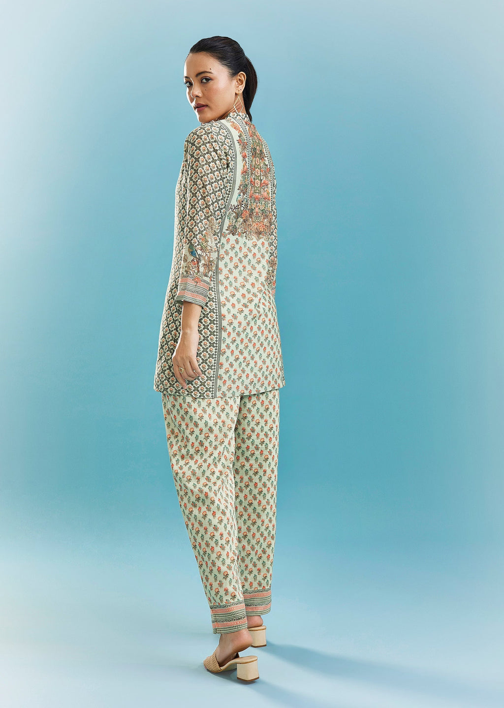 Mint Green Floral Co-ord Set With Cut Dana And Sequins Work