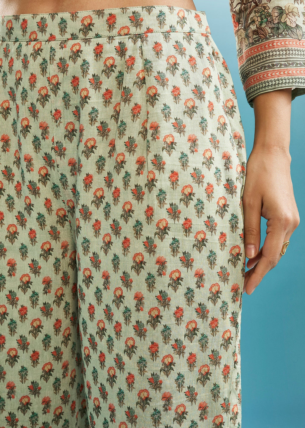 Mint Green Floral Co-ord Set With Cut Dana And Sequins Work