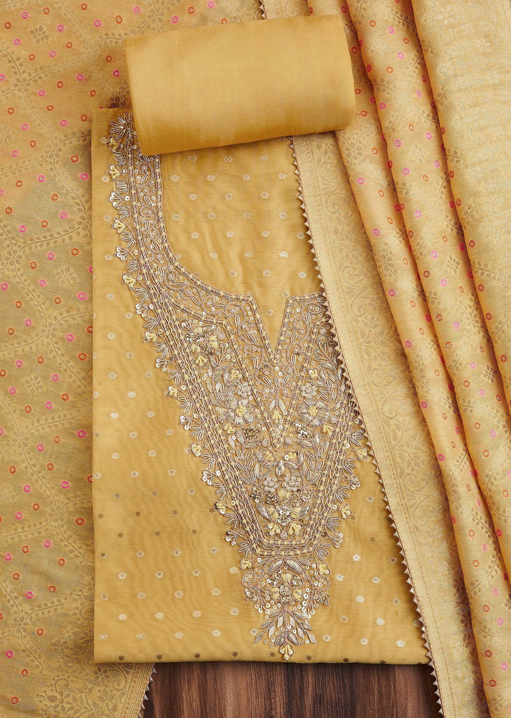 Mustard Yellow Chanderi Unstitched Suit