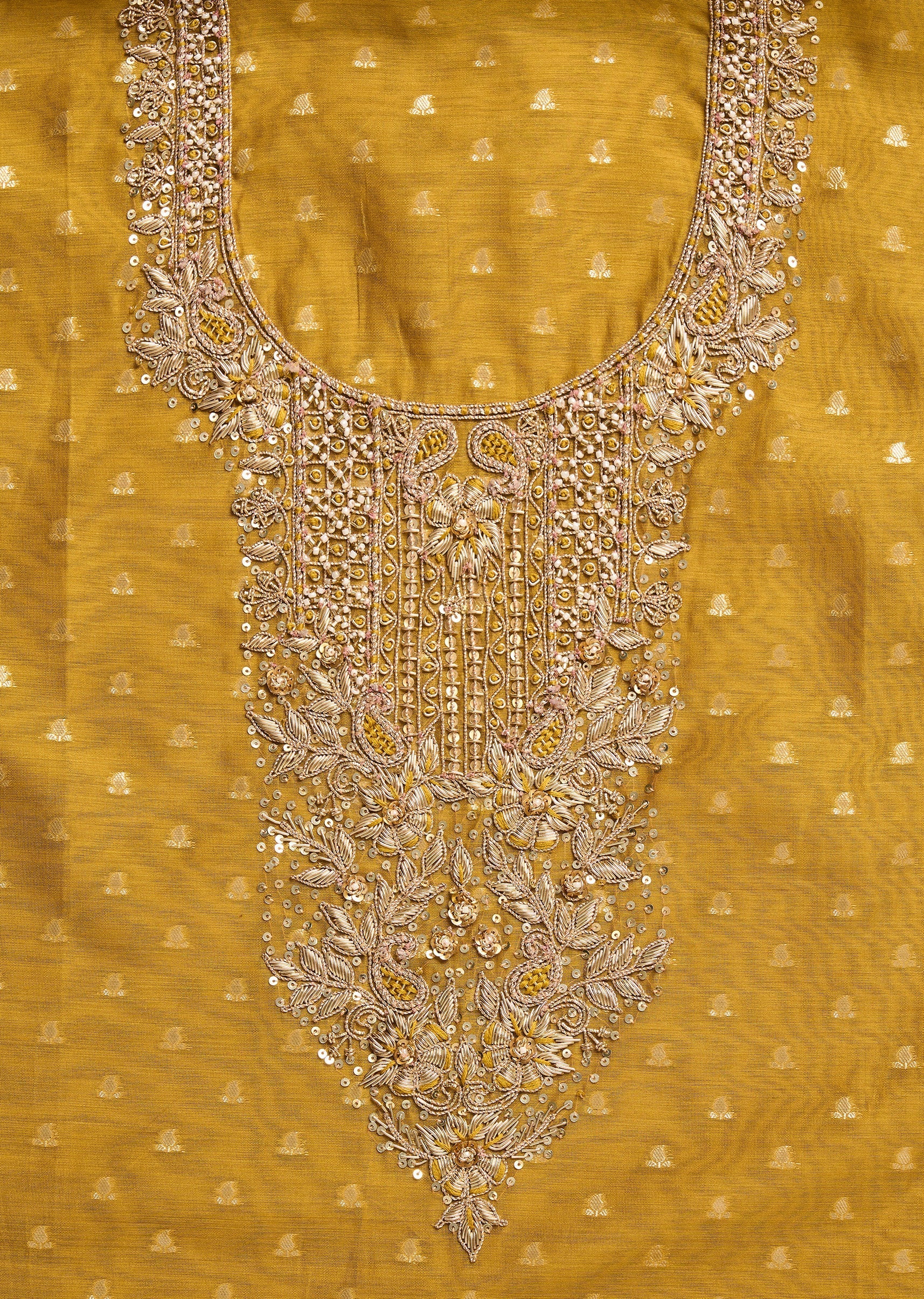 Mustard Yellow Chanderi Unstitched Suit With Dupatta