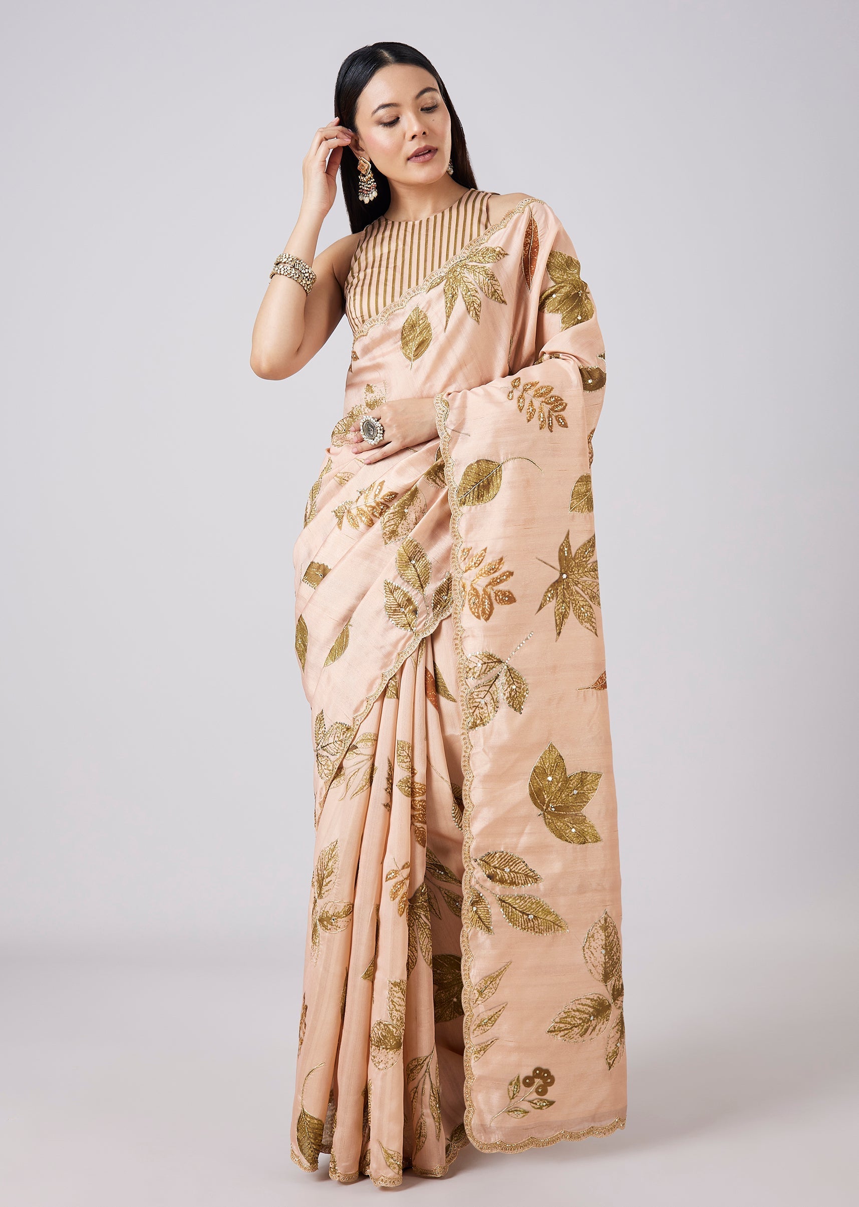Peach Floral Printed Saree with Blouse