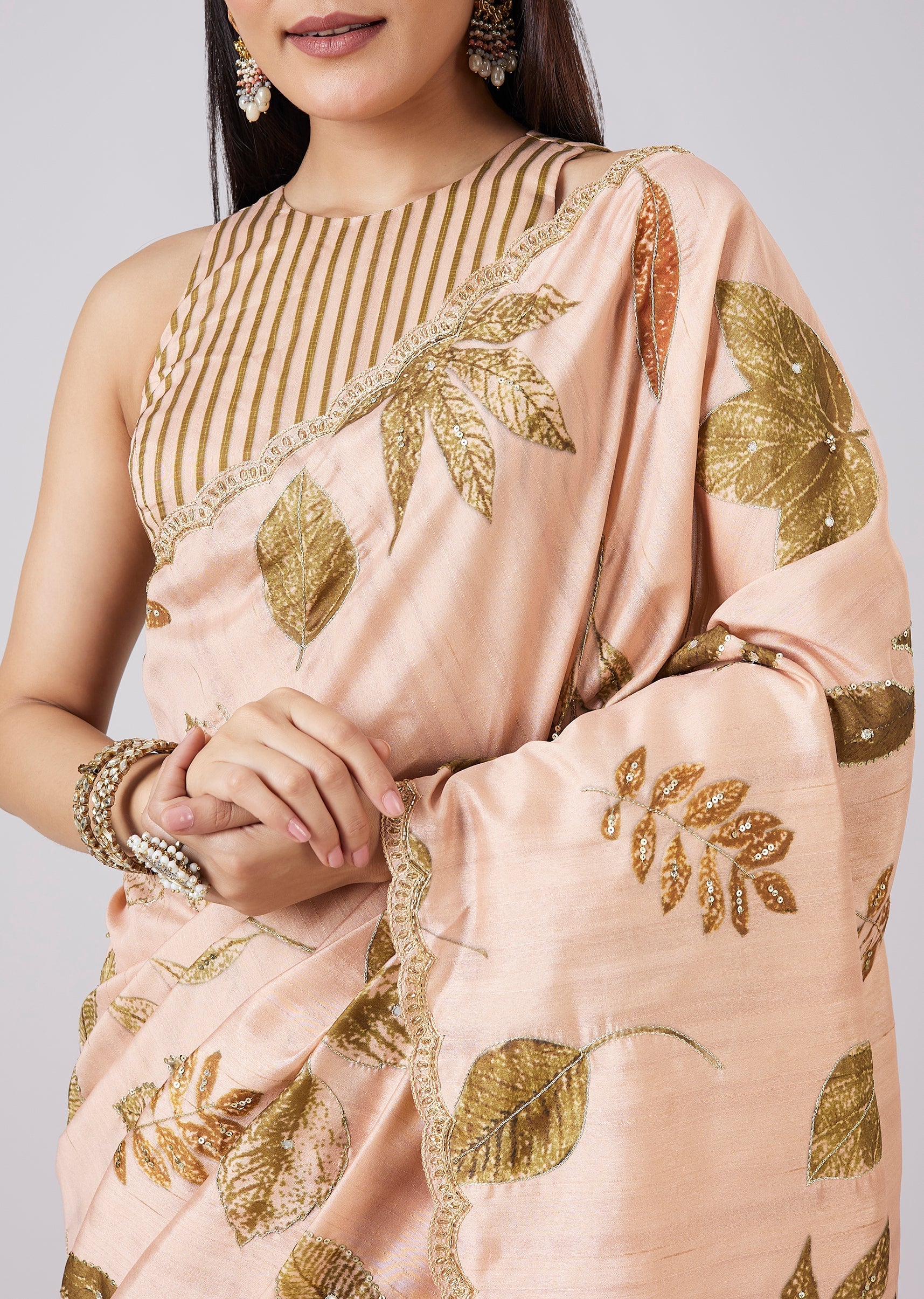 Peach Floral Printed Saree with Blouse
