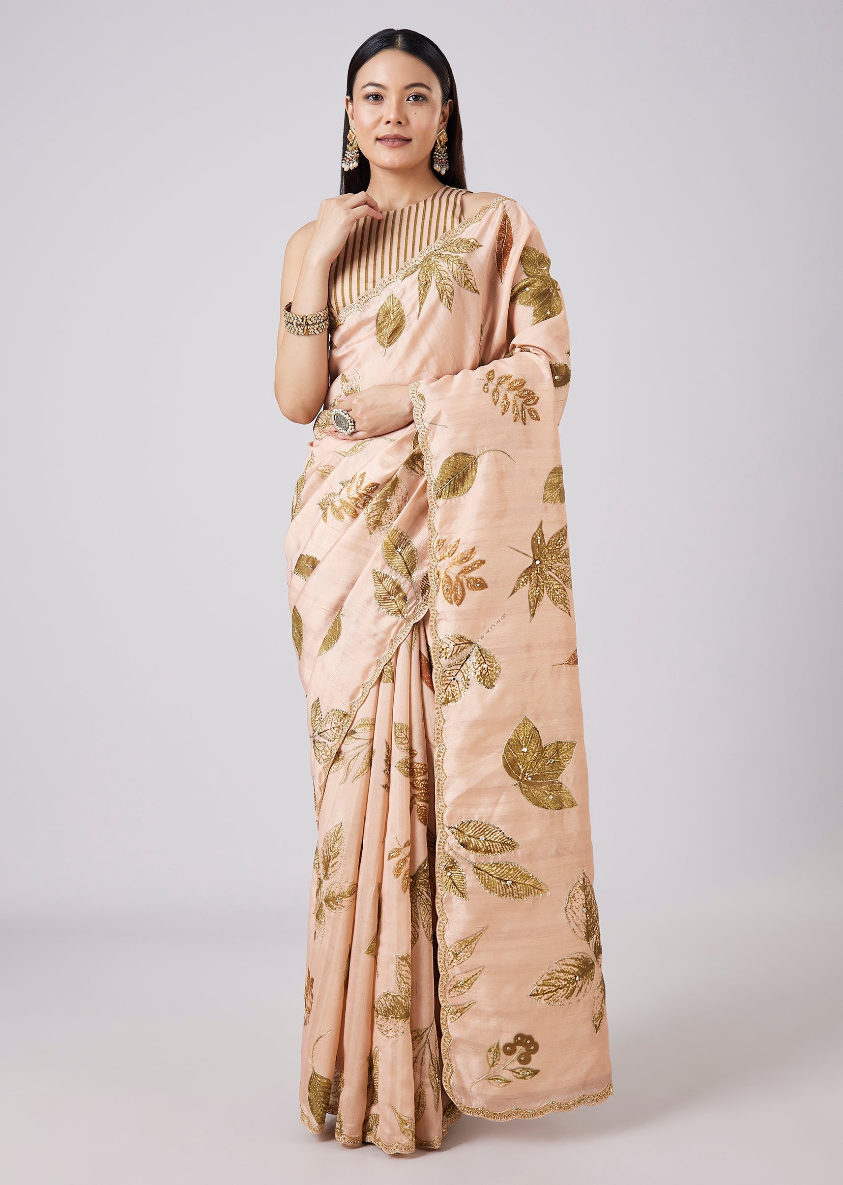 Peach Floral Printed Saree with Blouse