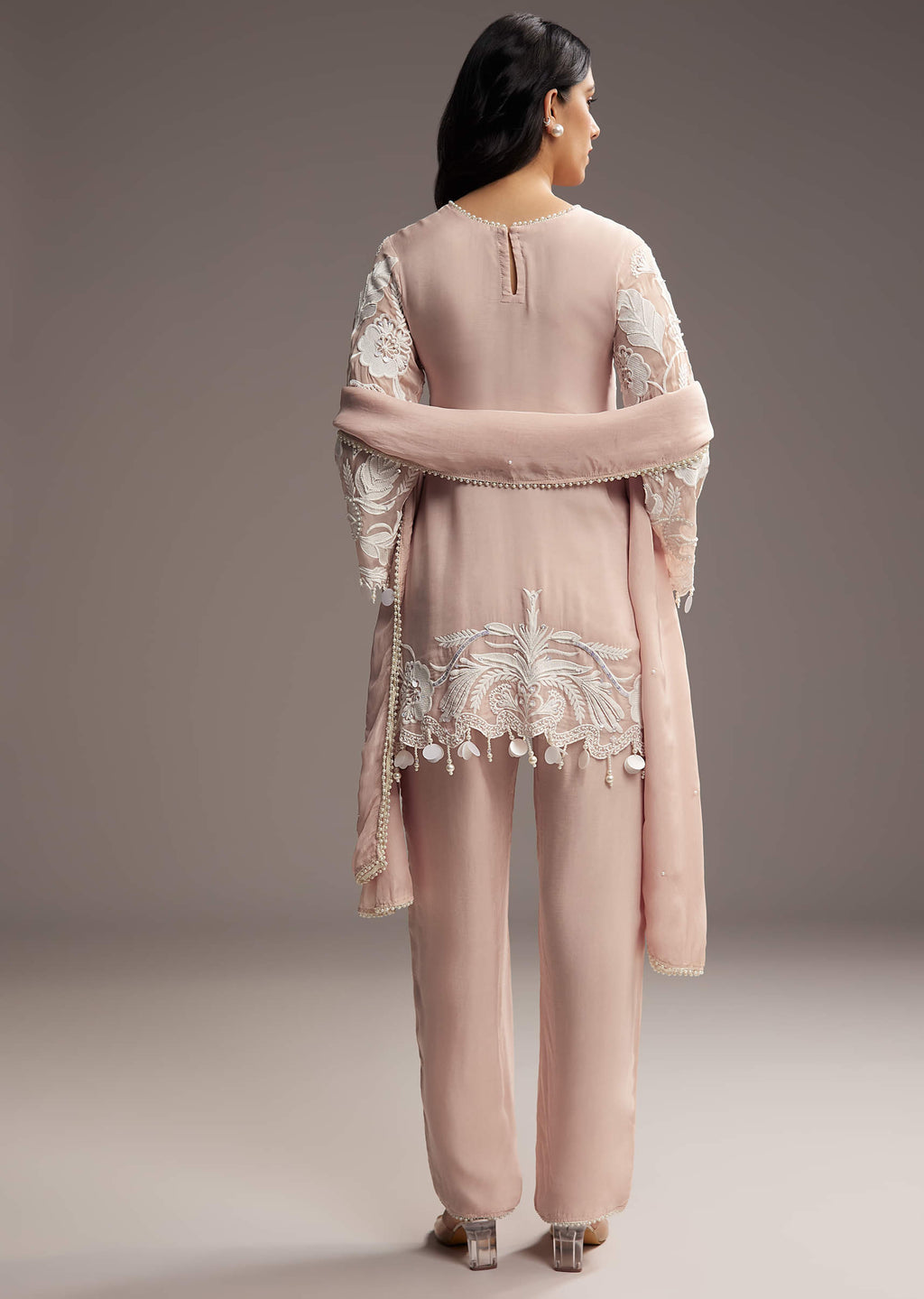 Peach Organza Kurta Set With Thread And Moti Work