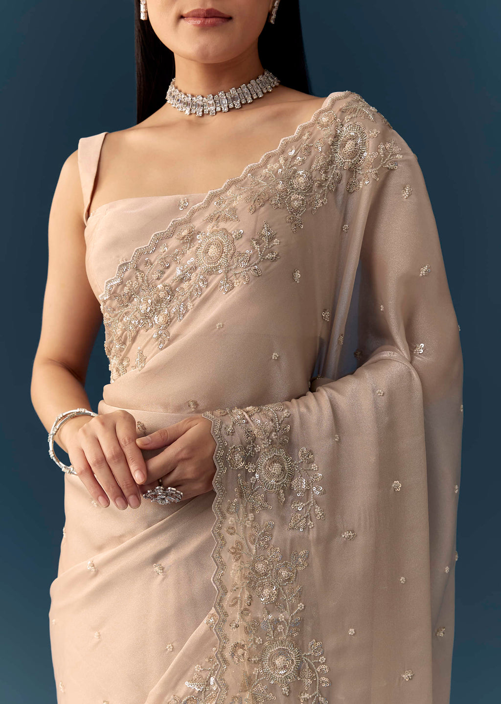 Peach Tissue Organza Cutwork Saree with Unstitched Blouse Fabric