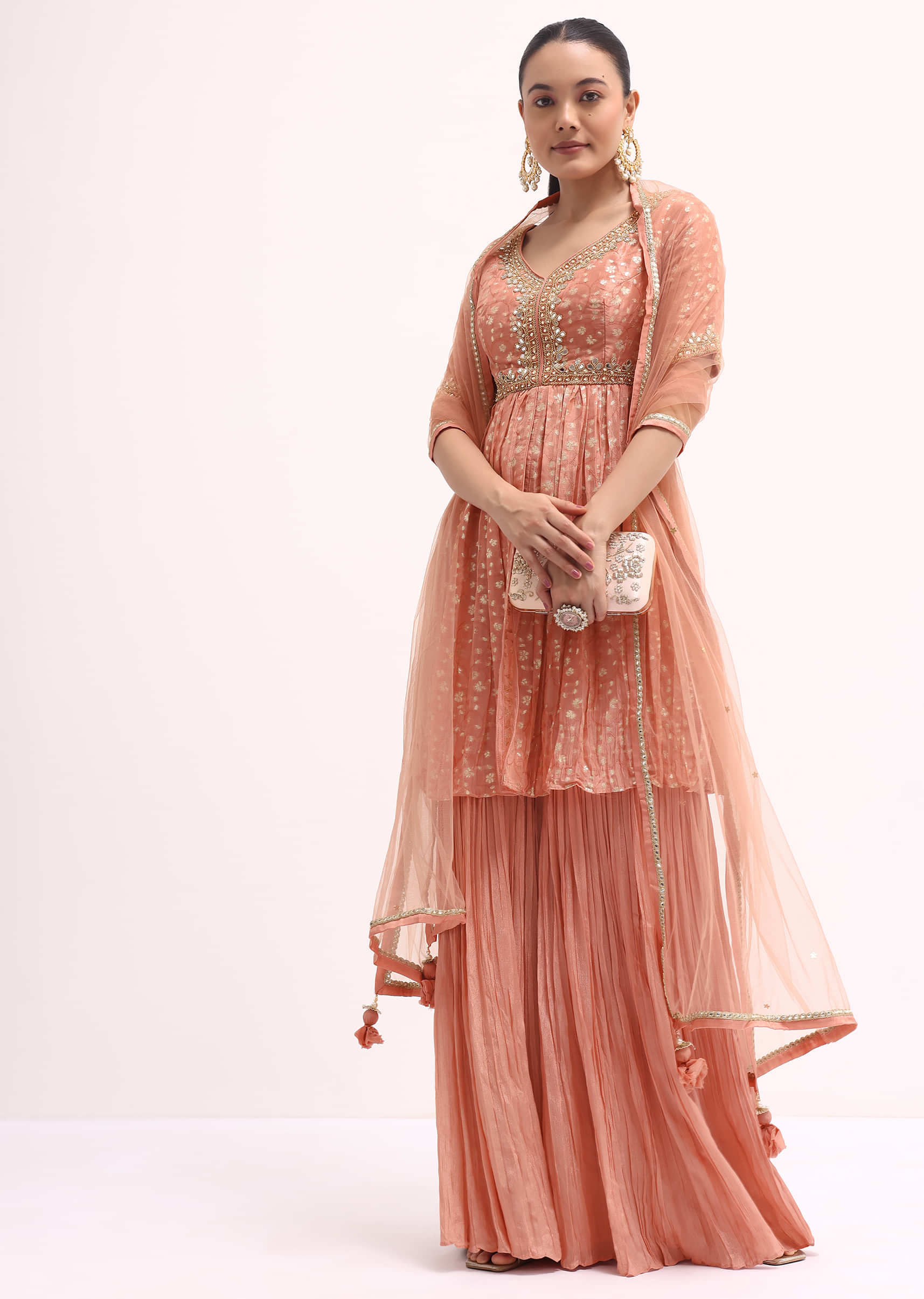 Peach Embroidered Kurta Sharara Set