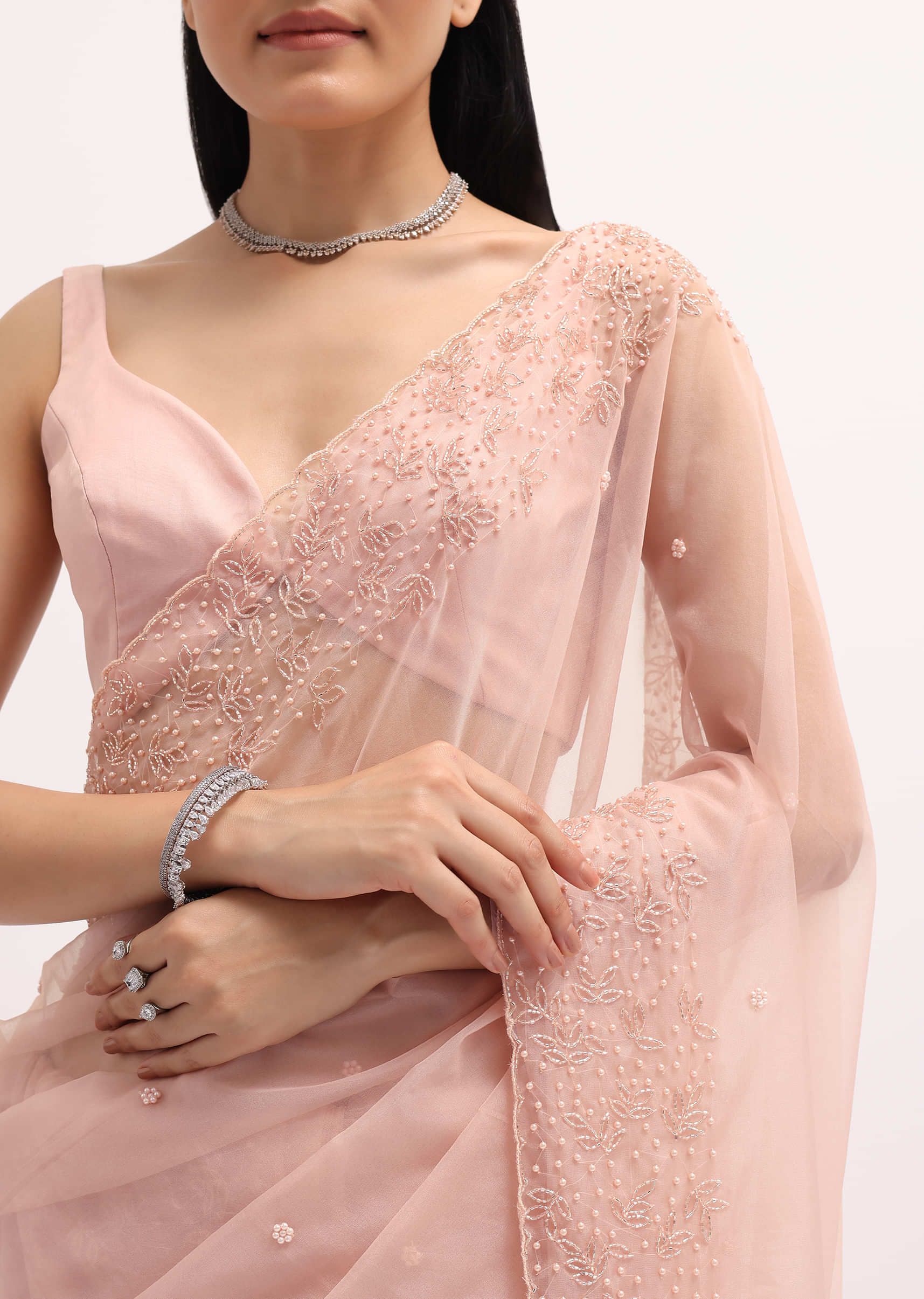 Peach Organza Embroidered Saree With Unstitched Blouse