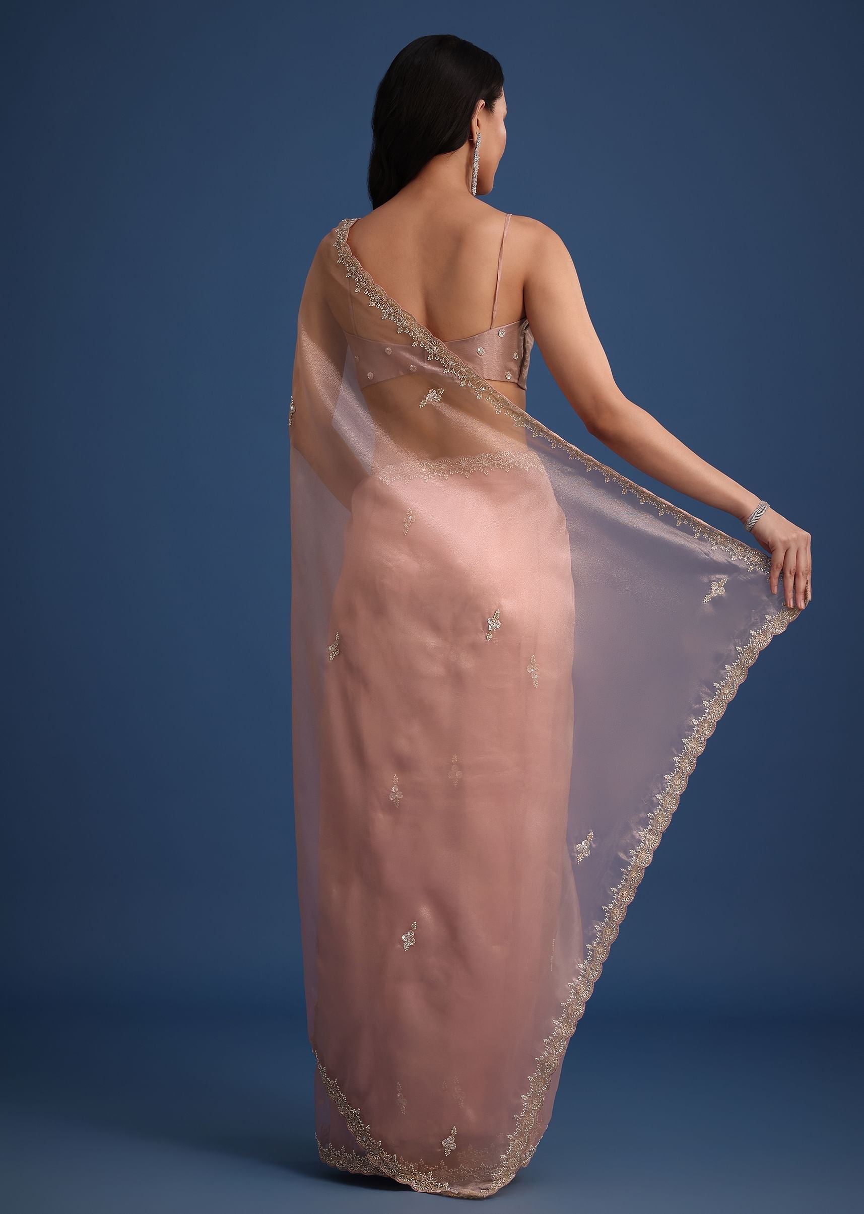 Peach Tissue Silk Cutdana Work Saree With Embellished Scallop Border