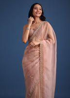Peach Tissue Silk Cutdana Work Saree With Embellished Scallop Border
