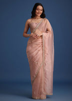 Peach Tissue Silk Cutdana Work Saree With Embellished Scallop Border