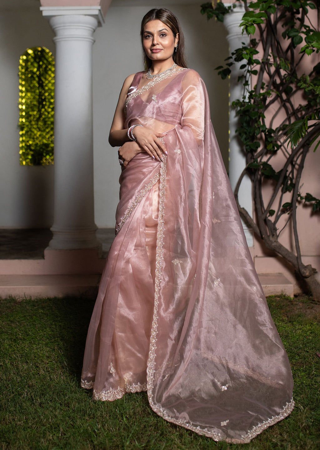 Peach Tissue Silk Cutdana Work Saree With Embellished Scallop Border