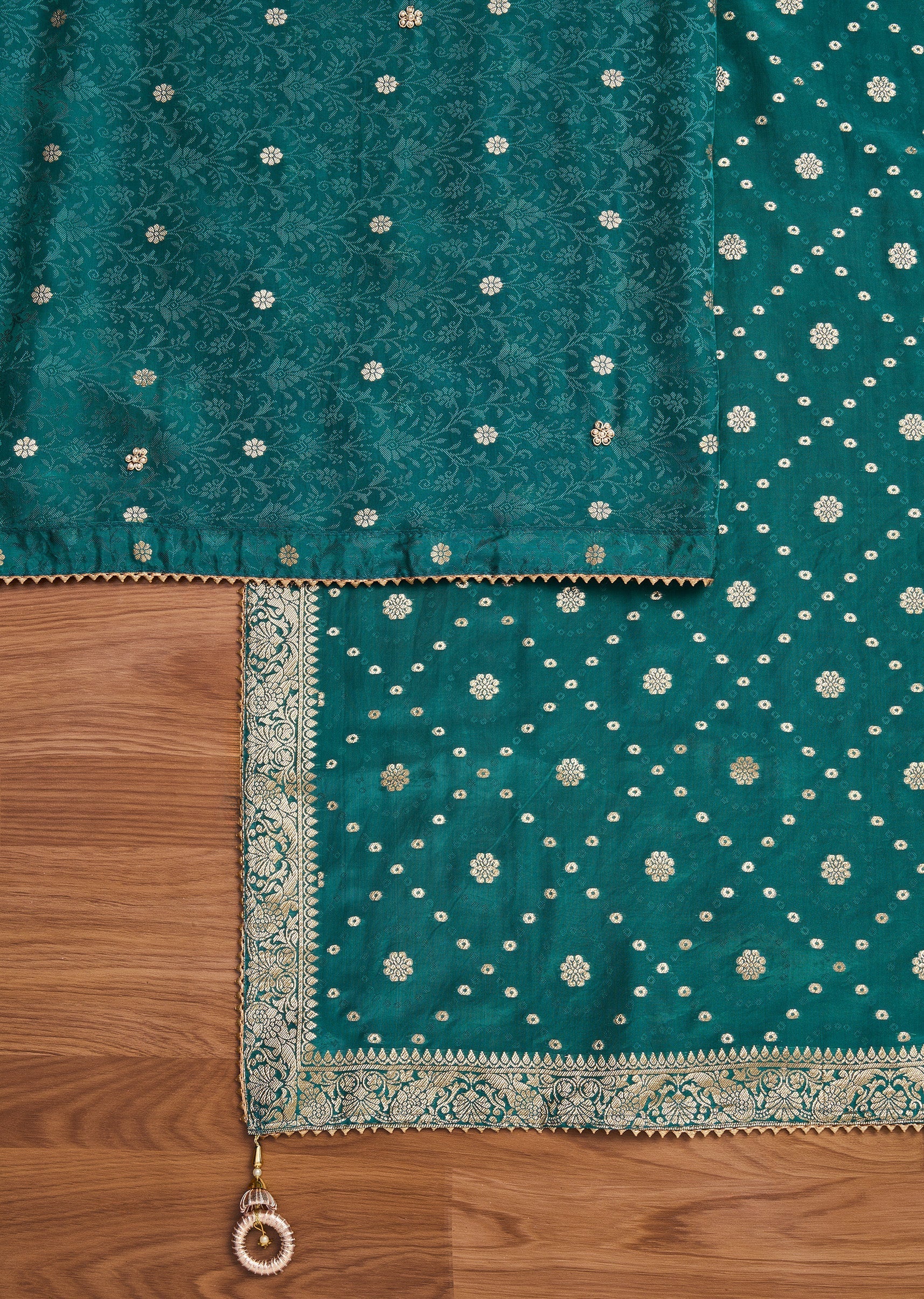 Peacock Blue Crepe Unstitched Suit With Dupatta and Bottom Fabric