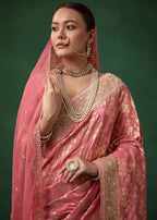 Pink Banarasi Silk Floral Jaal Weave Saree with Unstitched Blouse