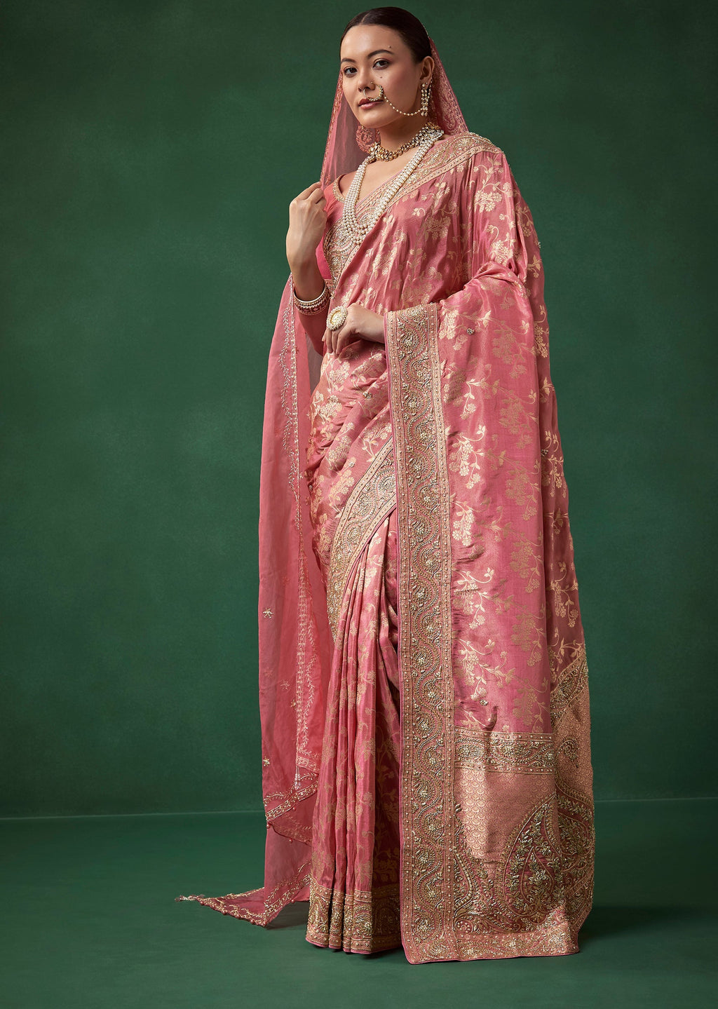 Pink Banarasi Silk Floral Jaal Weave Saree with Unstitched Blouse