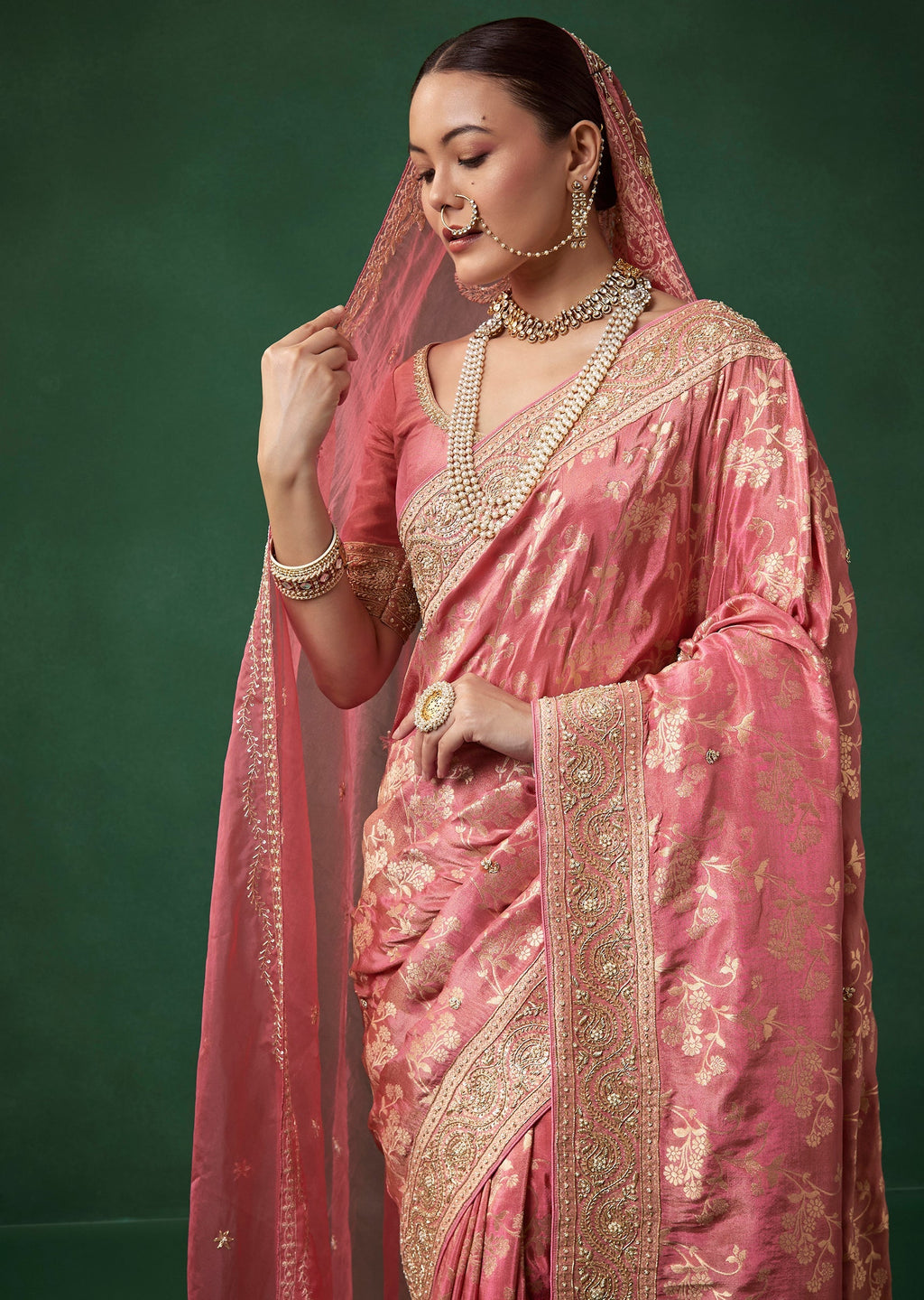 Pink Banarasi Silk Floral Jaal Weave Saree with Unstitched Blouse