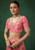 Pink Banarasi Silk Floral Jaal Weave Saree with Unstitched Blouse
