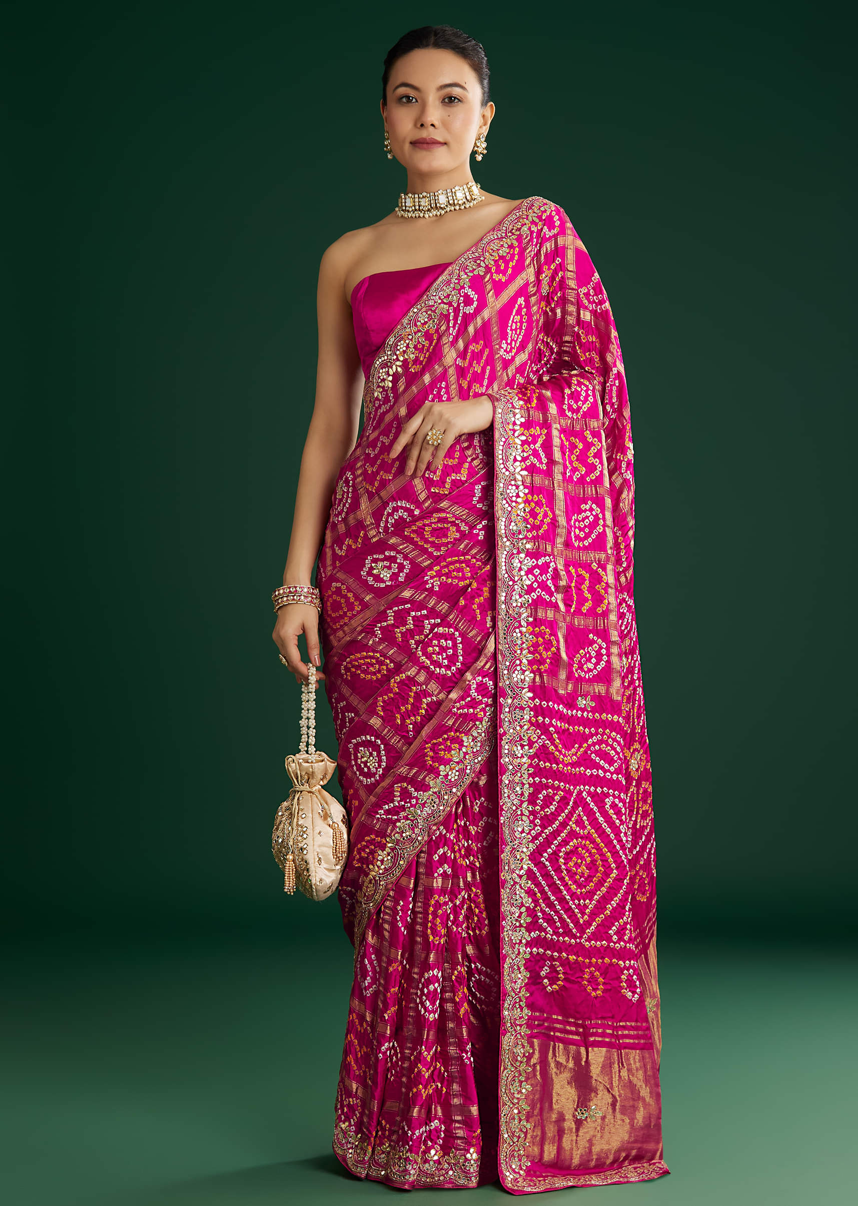 Pink Bandhani Saree With Gota Work