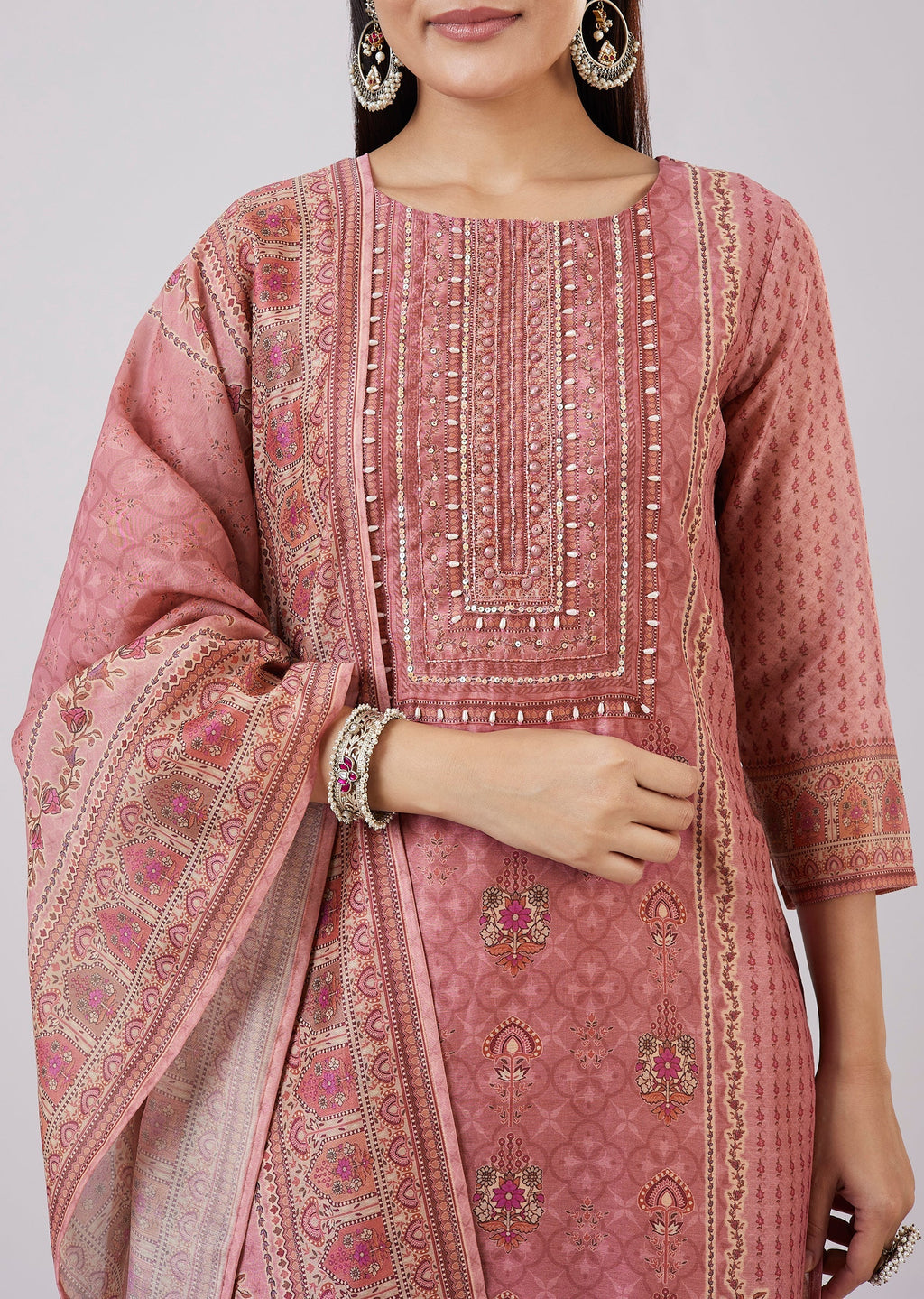 Pink Chanderi Kurta Set With Embellished Work