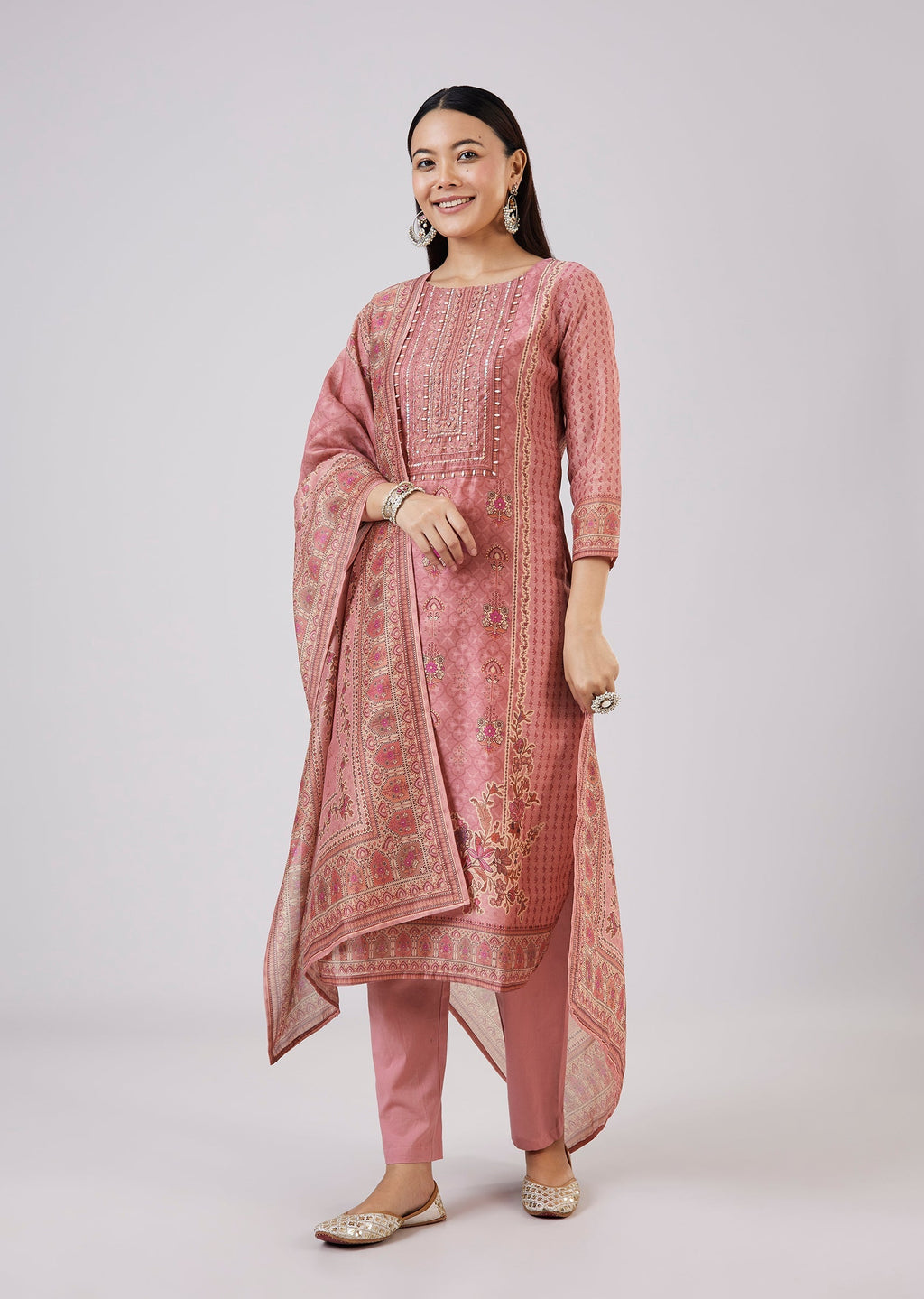 Pink Chanderi Kurta Set With Embellished Work