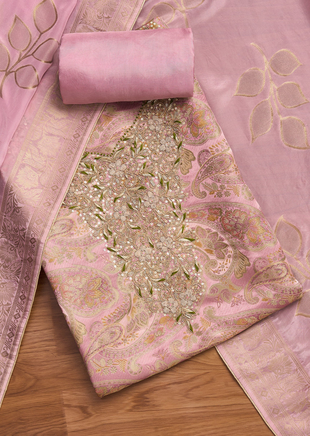 Pink Crepe Unstitched Suit With Dupatta