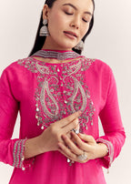 Pink Dola Silk Kurta Set With Zardosi And Choker Dupatta