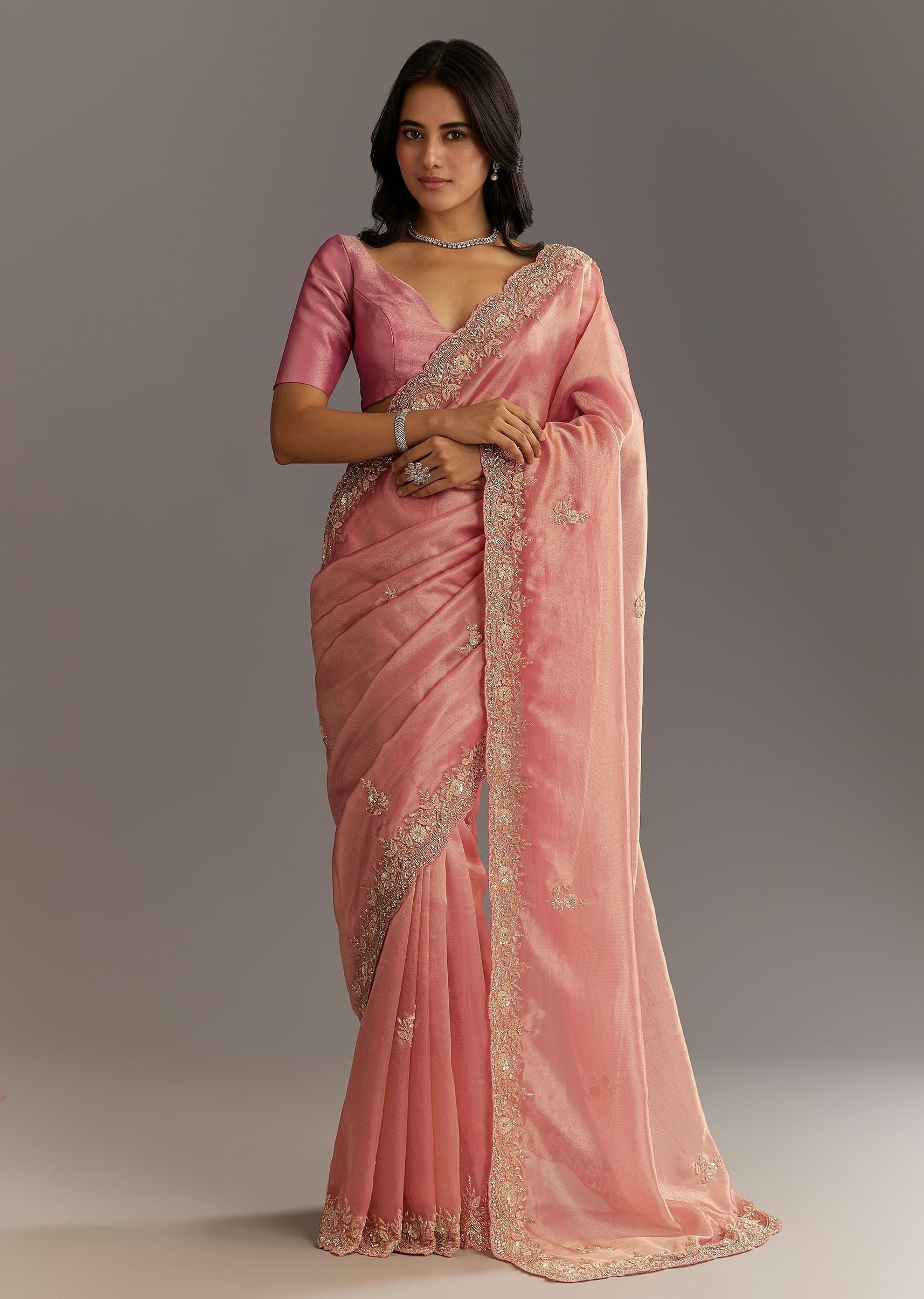 Pink Glass Tissue Sareee With Embroidered Scallop Border