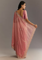 Pink Glass Tissue Sareee With Embroidered Scallop Border