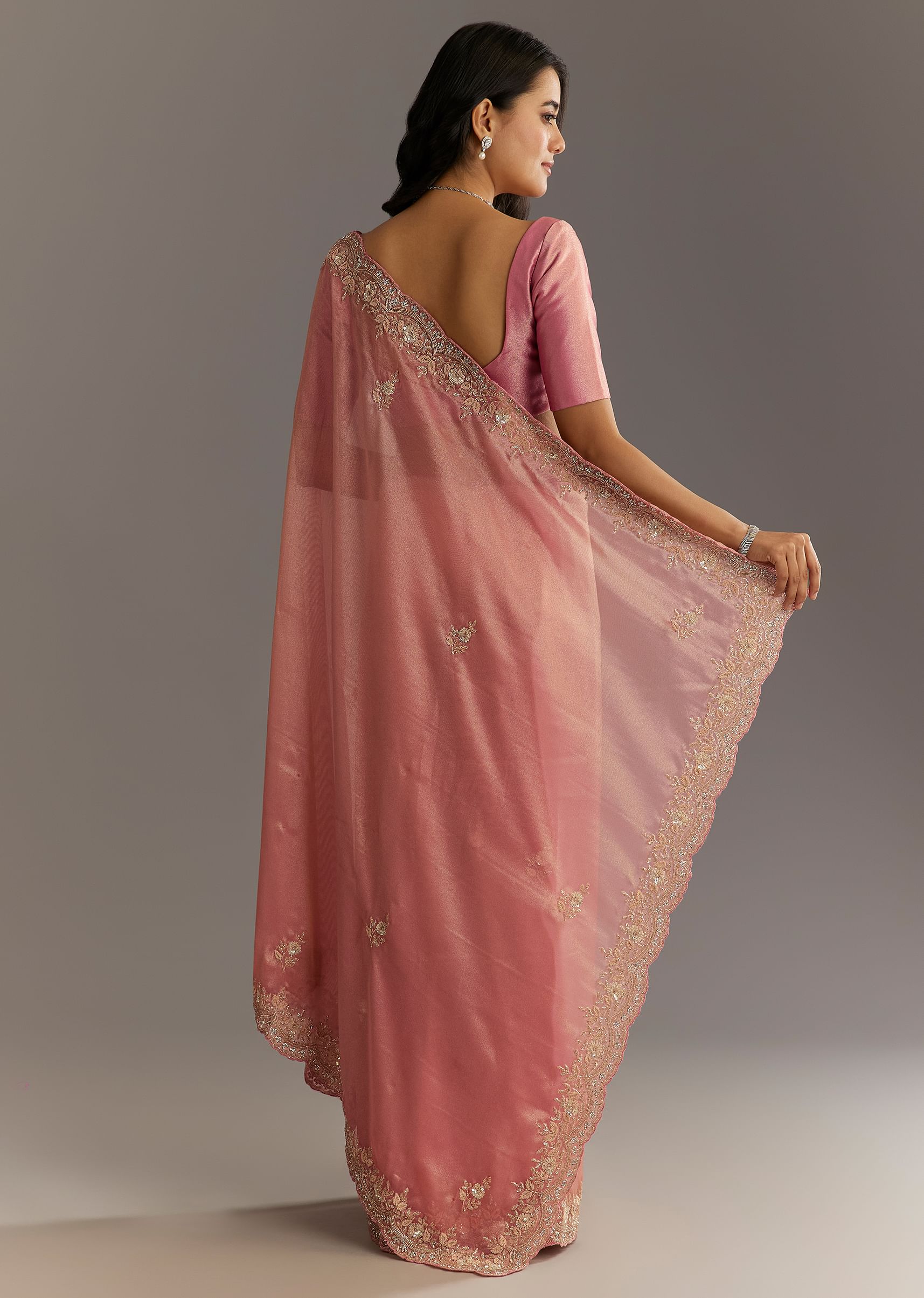 Pink Glass Tissue Sareee With Embroidered Scallop Border