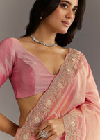 Pink Glass Tissue Sareee With Embroidered Scallop Border