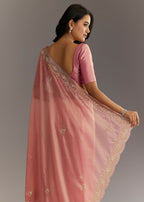 Pink Glass Tissue Sareee With Embroidered Scallop Border