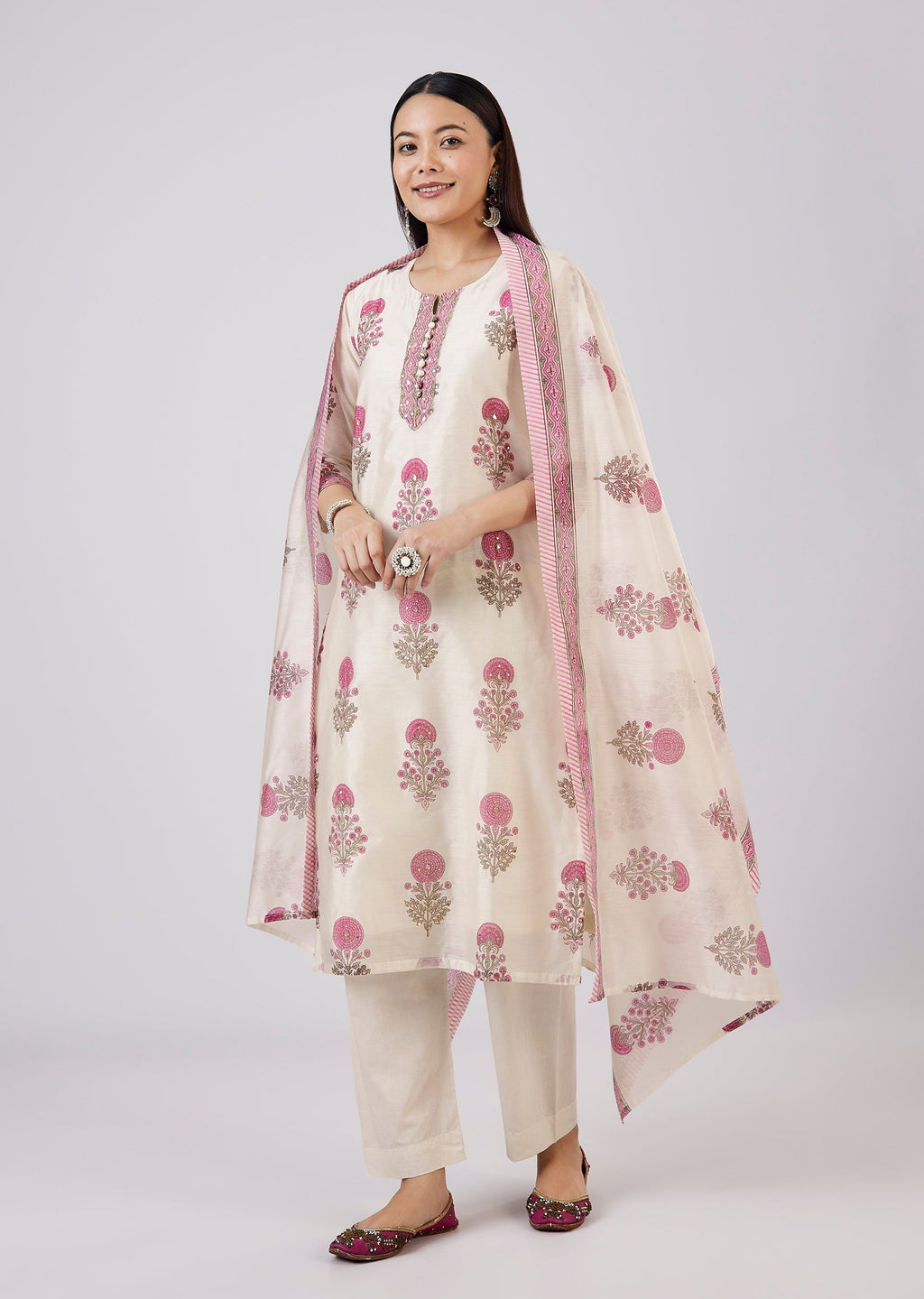 Pink Hand Block Printed Chanderi Kurta Set