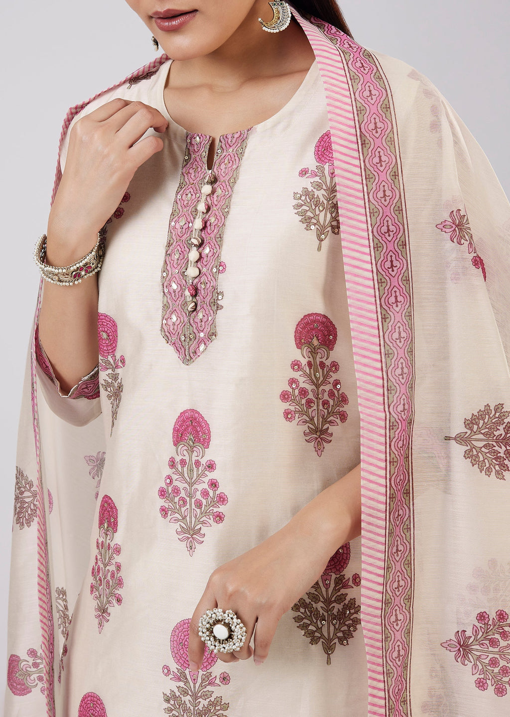 Pink Hand Block Printed Chanderi Kurta Set