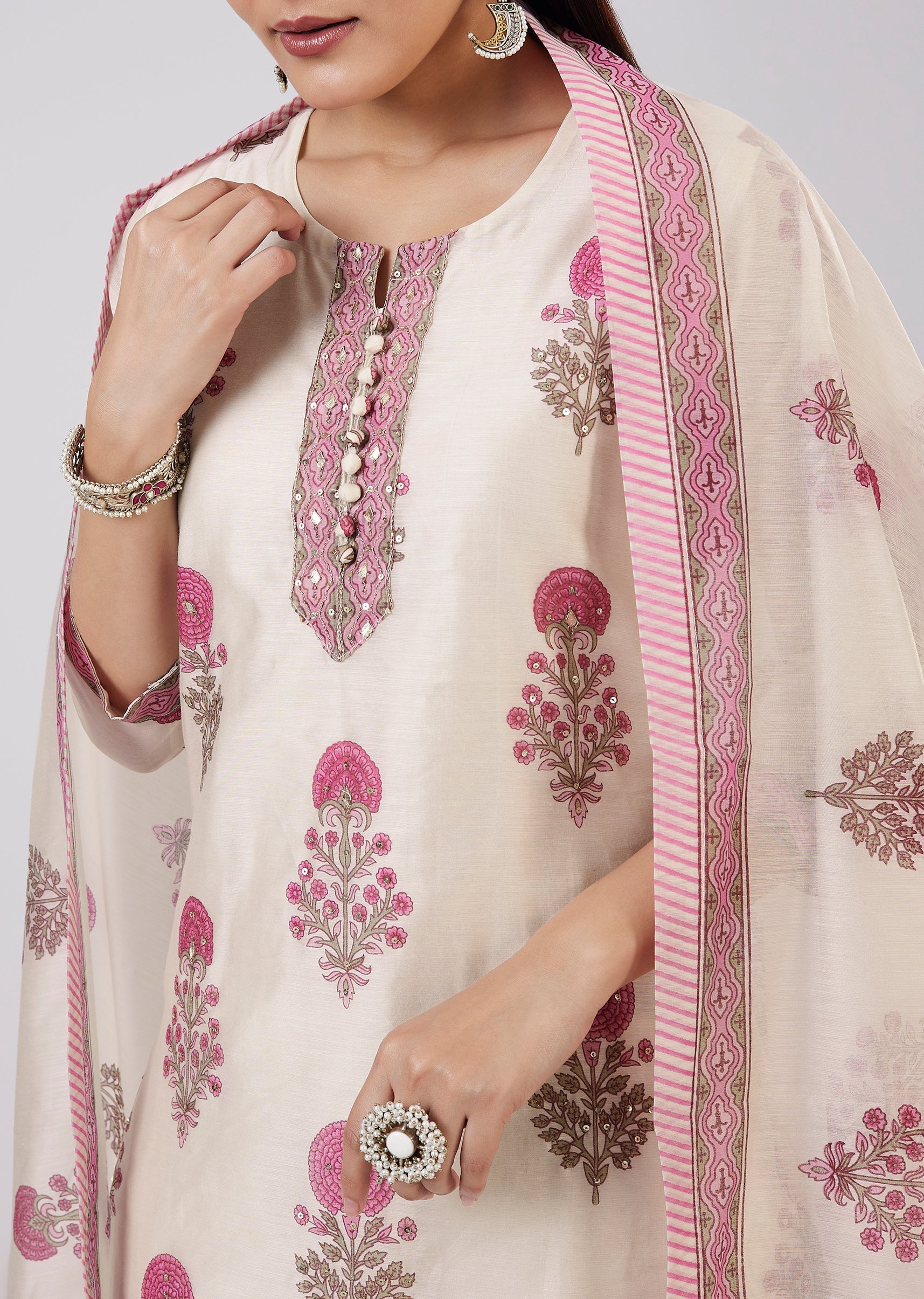 Pink Hand Block Printed Chanderi Kurta Set