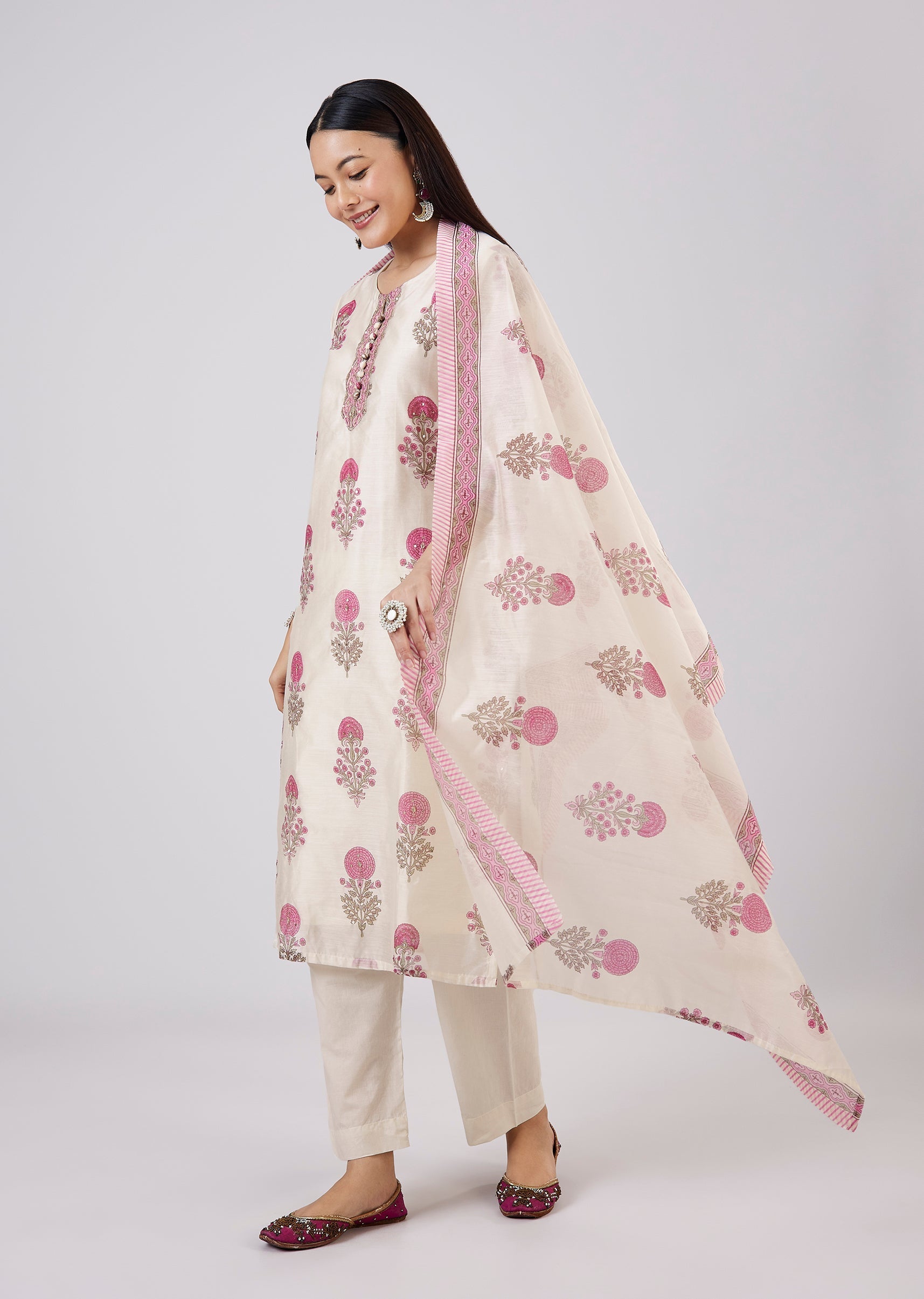 Pink Hand Block Printed Chanderi Kurta Set